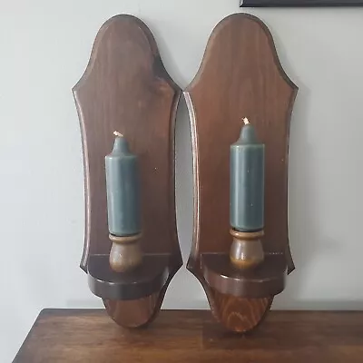 VTG Set Of 2 Rustic Wooden Wall Sconce Candleholders 15  Includes Green Candles • $27