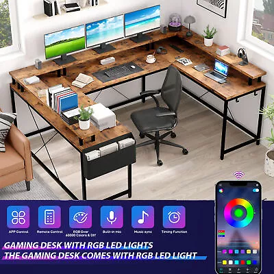 U Shape Desk With LED Lights 78  Home Office Desk W/Monitor Stand & Power Outlet • $174.59