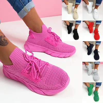 £14.99 • Buy Womens Knit Lace Up Trainers Ladies Sport Sneakers Party Women Shoes Size Uk
