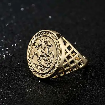£22.99 • Buy Gold 18K GF 22mm St George Ring Sovereign Chunky Adjustable Signet Men Filled