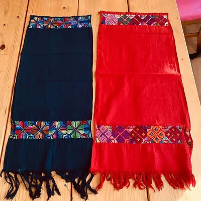 Lot Of 2 Maya Mexican Chiapas Rectangle Embroidered Table Runner Scarf 12x54 In • $18