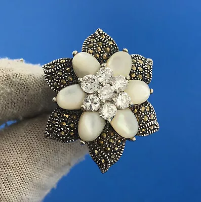 Sterling Silver FAS Cubic Zirconia CZ Moonstone Marcasite Flower Floral Ring  • $55