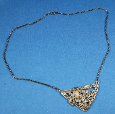 $6.65 • Buy JS13 Dubier Pewter Look Necklace With V Shaped Pendant Rhinestones Flowers