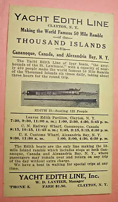 1915 Era Yacht Edith Line Clayton N.Y. Boat Tour Card • $8.99