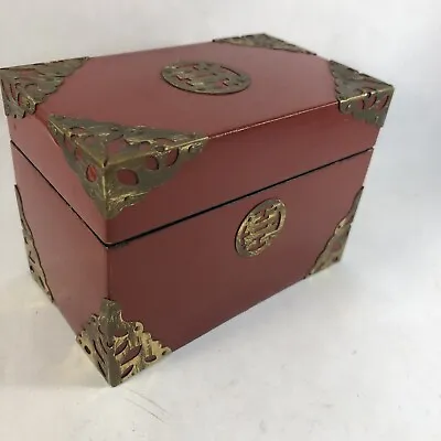 Japanese Lacquerware Box Playing Card Box W 2 Decks Brass Circle Symbol Vintage • $25