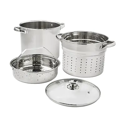 USA NEW Multi~Cooker Stock Pot 4 Piece Stainless Steel Large 8Qt With Glass Lid. • $18.90