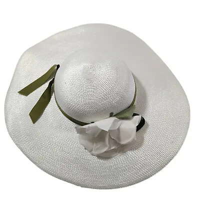 Vintage Sonni San Francisco Wide Brim Straw Hat Ribbon Flower Ivory Green  • $33.91