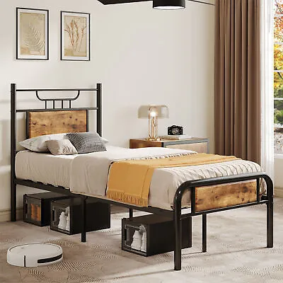 Twin Size Bed Frame Metal Platform Bed With Headboard Footboard Wood Slats Black • $77.99