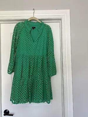 J. Crew Party Dress M Green Eyelet Tiered V-Neck Long Sleeve Knee Length A-Line • $30