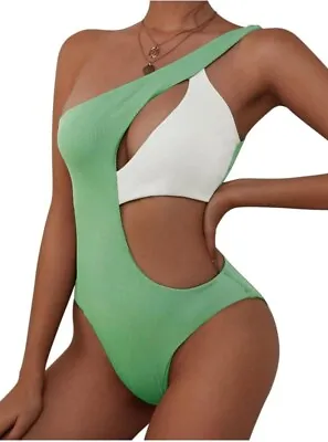 ZAFUL Women's One Shoulder Ribbed Bikini Colorblock Cutout One-Piece Sz L • $19.99