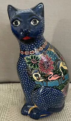 Clay Pottery Cat Hand Painted Folk Art Cobalt Blue Floral Animal Figure  Mexico • $24