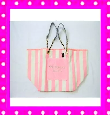 LARGE Victoria Secret FRINGE CHAIN PINK STRIPE CARRYON WEEKENDER TRAVEL TOTE BAG • $19.99