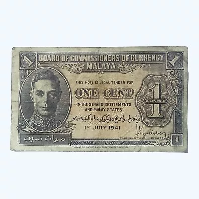 1941 British Malaya Malaysia Singapore Brunei 1 Cent Dollar Banknote George Vi • $2.80