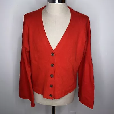 Anthropologie Moth Cardigan Sweater Sz XL Red Bell Sleeve Ribbed Knit V Neck • $32