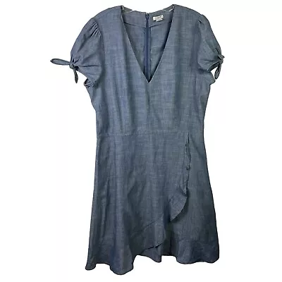 J. Crew Chambray Faux-wrap Dress Women Size 12 Blue Mini Denim V Neck Tie Sleeve • $40