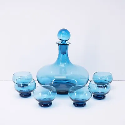 Vintage Decanter Set Mid Century Cobalt Blue Art Glass With Six Cups Italian • $252.22