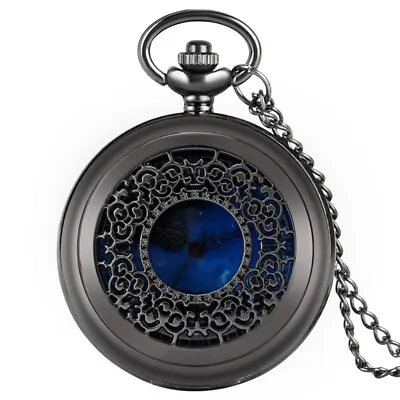Black Tone Men's Blue Dial Quartz Pocket Watch Roman Numerals With Chain Gifts • $4.50