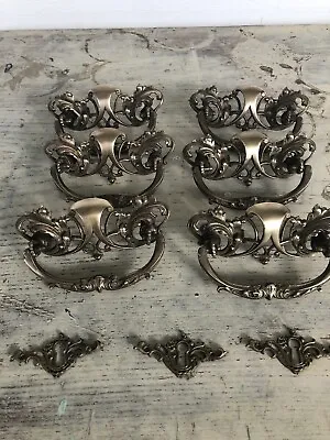 Set 6 Vintage BRASS Drawer Pulls Victorian Dresser Handles W/ 3 Key Escutcheons  • $75