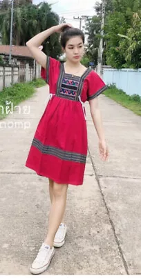 Women's Thai Hill Tribe Style Cotton Multi-Color Midi Dress Hmong Free Size • $29