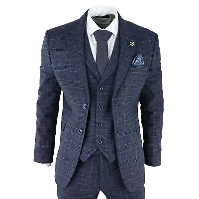 Mens Tweed 3 Piece Suit Blue Check Vintage 1920s Gatsby Blinders Tailored Fit • $198.89