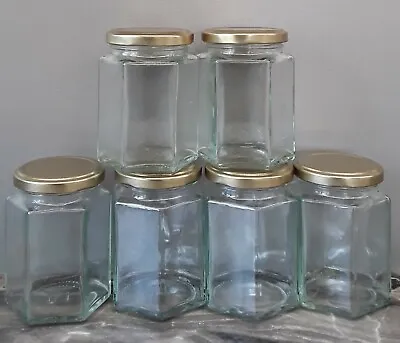 £9 • Buy 280ml/12oz Hexagonal Glass Jars For Chutney, Jam, Marmalade, Screw Lids Caps X 6