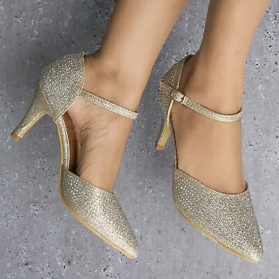 Ladies Glitter Diamante Mid Heel Pointed Toe Ankle Strap Mary Jane Shoes 3-8 • £7.99