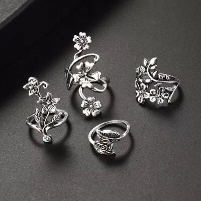 4pcs Antique Silver Bohemia Ring Set Rose Flower Rings For Women Charm R~TM YIUK • £4.68