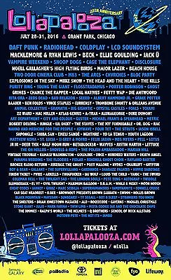 $17.41 • Buy LOLLAPALOOZA CHICAGO 2016 CONCERT POSTER-Daft Punk,Radiohead,Coldplay,Snoop Dogg