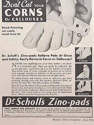 Dr. Scholl's Zino-Pads Corn Callous Removal Foot Podiatry Vintage Print Ad 1936 • $10.77