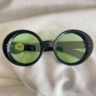 Vintage 60s Large Mod Round Black Sunglasses - Green Lenses Thick Frame Unworn • $158.11