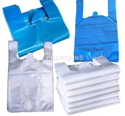 Plastic Carrier Vest Bags White | Blue Shopping Takeaway Bags • £4.89