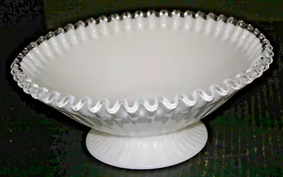 Fenton Glass White Clear Silvercrest Ruffled Rim Ribbed Pedestal Compote Bowl • $14.99