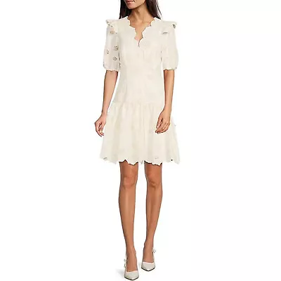 Alex Marie Size 8 Ivory Floral Scallop Flounce Dress Puff Sleeve Embroidered B17 • $65