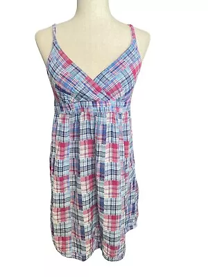 Vintage 90s Patchwork Madras Blue Pink Plaid Sun Dress Mini Grunge Small 6 Beach • $20