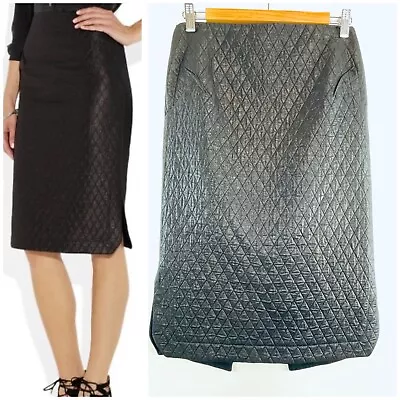 Roland Mouret Size 10 Black Madura Quilted Sateen & Crepe Pencil Skirt Designer • $299