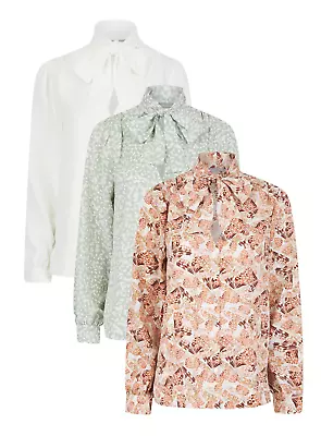 Ladies Ex Dorothy Perkins Tie Neck Floral Blouse Top Cream Green Orange • £10.36