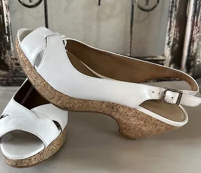 Michelle D Wedge Shoes Size 9 Med White Leather W/ 3”Cork Heels • $25