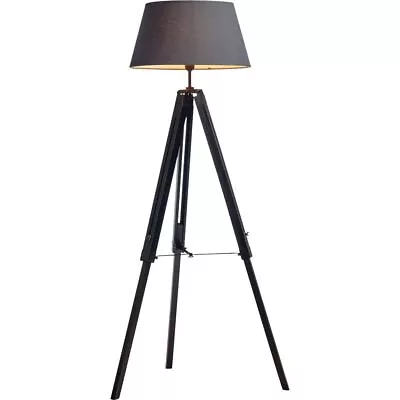 $129 • Buy LARGE TRIPOD FLOOR LAMP Linen Shade Modern Light Retro Wooden - Matte Black
