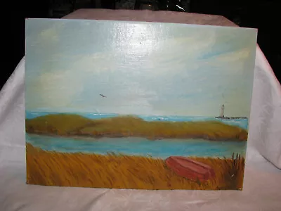 Vintage 12  X 16  Seaside Oil Painting Lighthouse & Sand Dunes • $35