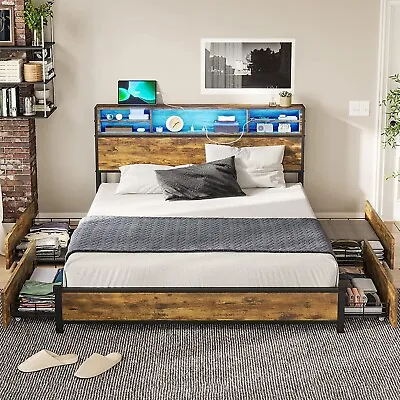 Queen Size Bed Frame Metal Platform Bed With Bookcase Headboard LED Bed Frame  • $229.89