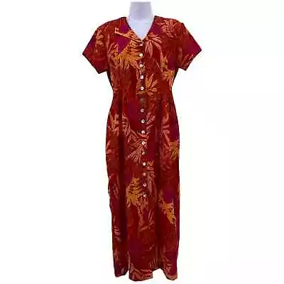 Betsy Lauren Sz 8 Midi Dress Vintage 90s Tropical Bright Colorful Hawaiian Leaf • £13.36