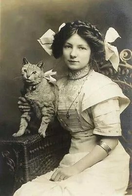 Vintage Black And White Photo 1890 Girl And Her Cat 7x10 Photo Reprint A-1 • £12.28