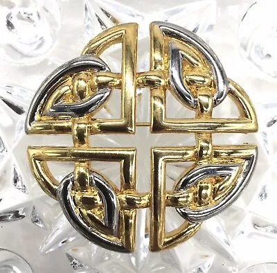 Vintage Two Tone Silver Tone And Gold Tone Celtic Medallion Pin Brooch • $12.55