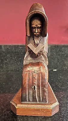 Hand Carved Wood Monk Priest Hood Bookend Statue Bible Cross Mexico Vntg EUC • $30