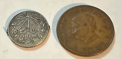 Lot Of 2 Mexico Coins: 1943 Silver 20 Centavos & 1946 5 (Cinco) Centavos • $9.99