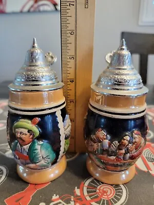 West Germany 1/8 Mini Beer Stein Mug Glass Lidded Lot Of 2 • $19.99