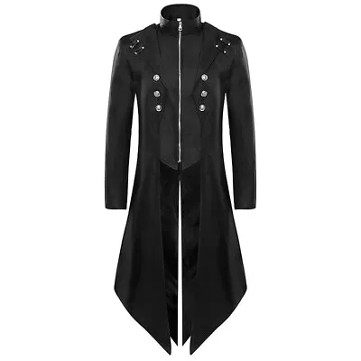 Mens Black Mid-length Swallow-tailed Coat Vintage Jacket Zip Button Medieval New • £31.79