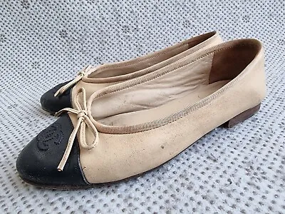 Chanel Fabric  Beige/Black CC Cap Toe Bow Ballet Flats Size 37 C • £183.92