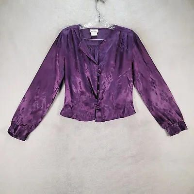 Vtg At Once Womens Top Size M Purple Floral Satin Pleated Unique Classic Blouse • $12.57