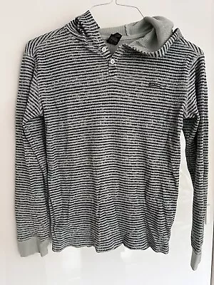 Volcom Hoodie Boys Large Blue Stripe Henley Waffle Knit Pullover Thermal Top EUC • $12.50